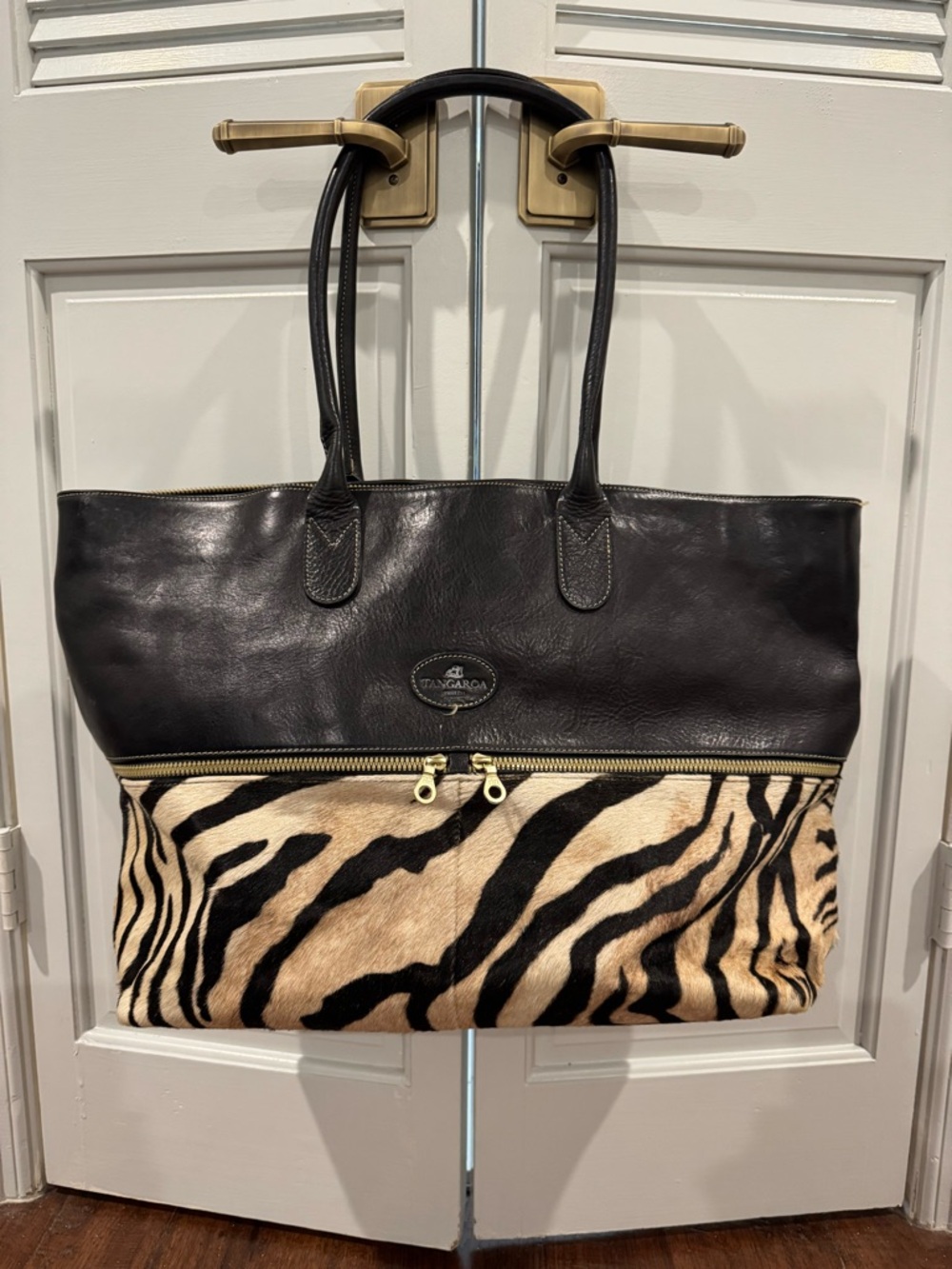 Zebra Print Black Leather Tote by Tignanello